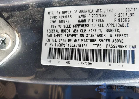 2012 Honda Accord 2.4 Lx-P from USA, damaged, VIN 1HGCP2F43CA018426